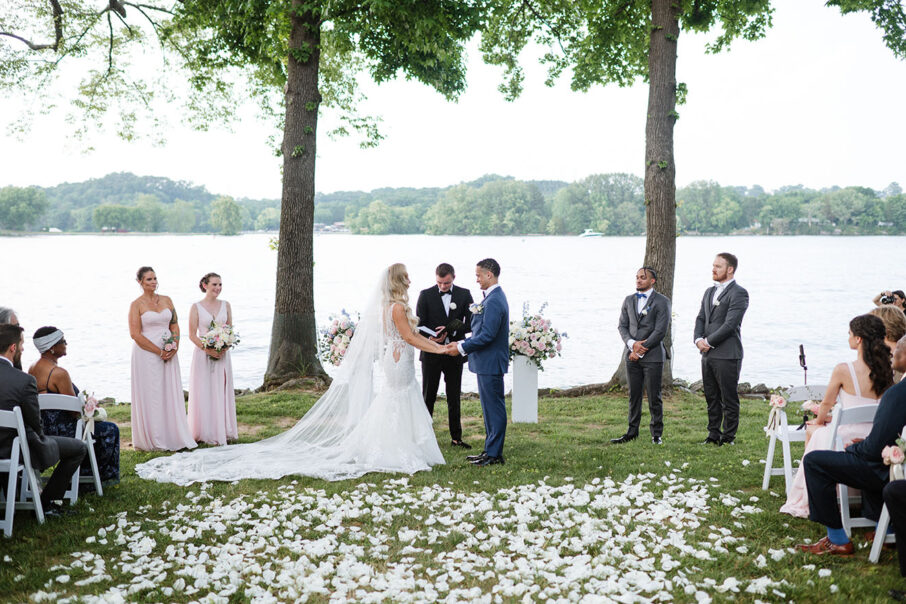 Bride and Groom at the Altar with Lake View