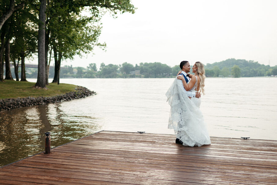 Bride and Groom on Lake Dock