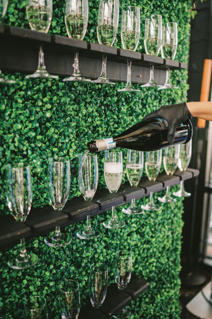 Greenery Boxwood Champange Wall with Individual Champagne Flutes in Nashville