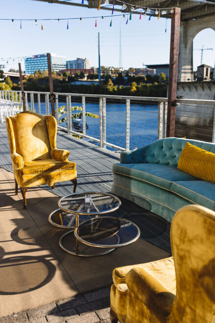 Vintage velvet wedding reception lounge area on the riverfront at Nashville wedding venue The Bridge Building