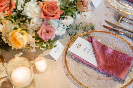 gold detail flatware and pink florals