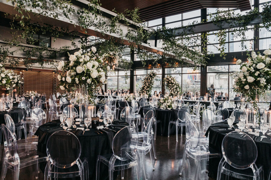 Black wedding reception setup at Nashville wedding venue The Bridge Building