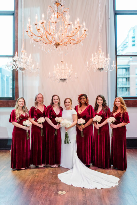 Bridesmaids Wearing Red Velvet Dresses