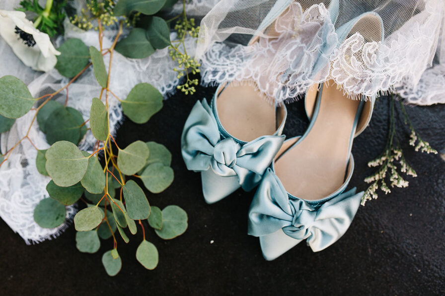 Blue satin bridal shoes with bow