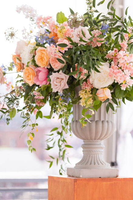 Bridgerton-inspired wedding colorful floral arrangement