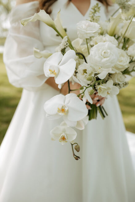 Sarah's all White Bridal Bouquet of Orchids and Roses