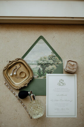 Wedding Invitation Suite with Sage Envelope and Bridal Jewels