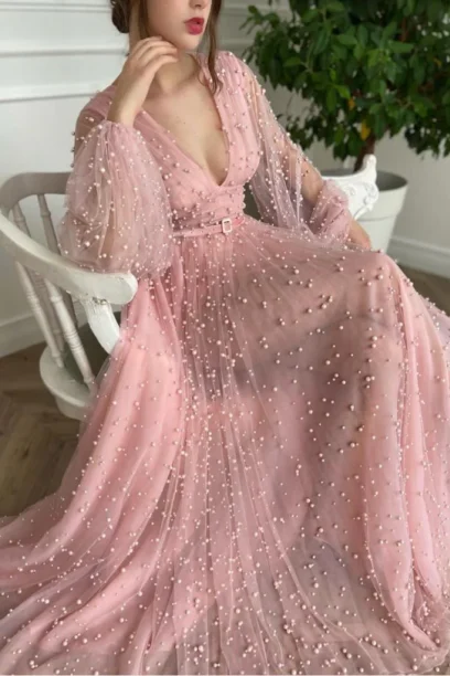 Pink pearl wedding gown for lover-inspired wedding