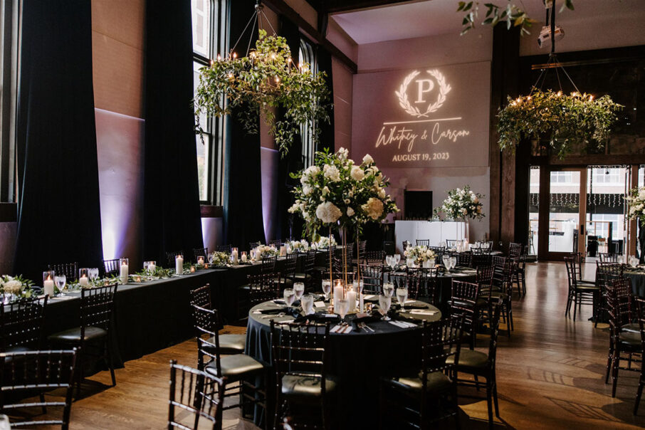 Timeless Black and White Wedding Reception at The Bell Tower with black velvet window draping