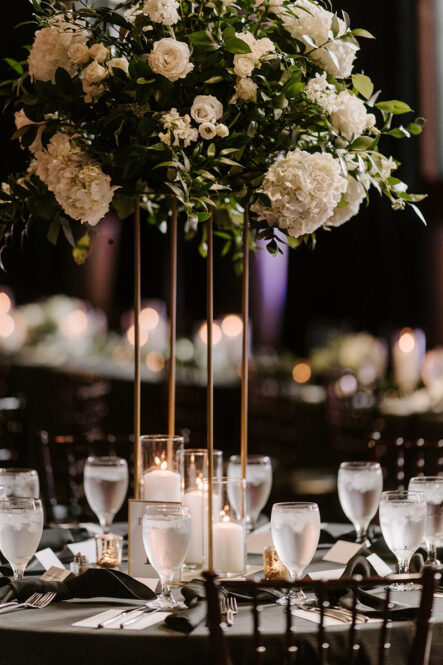 Reception Centerpiece Close up with Black and White Timeless Design