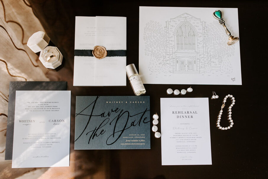 Whitney and Carson's Wedding Invitation Suite Flat Lay